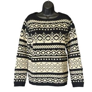 Vtg Eddie Bauer Chunky Knit Black Cream Sweater Lambswool Rabbit Blend Size M